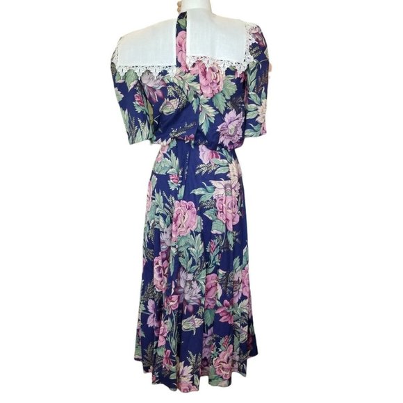Vintage 80s Floral Blue Blouson Midi Dress Exaggerated Collar Cottage Core Small - Picture 4 of 8